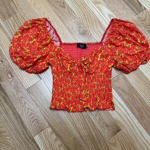 Vici Floral Smocked Puff Sleeve Top - Size MED - Golden Poppy